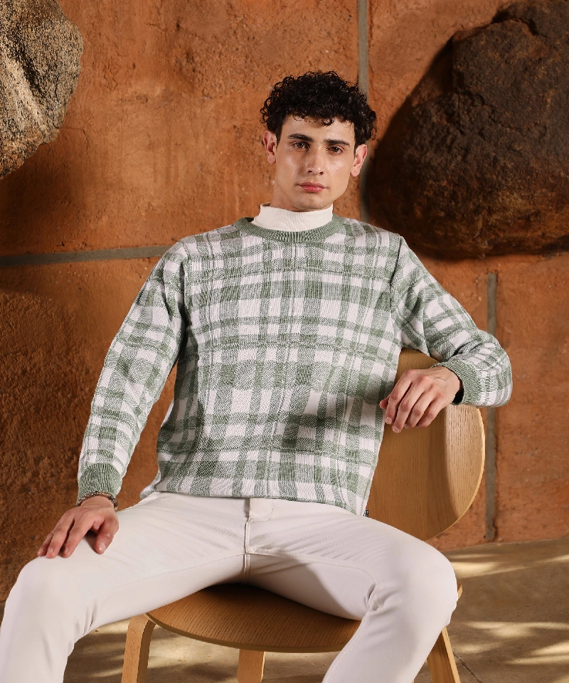 Buy - Men's Green Casual Checked Sweater online - Zilo - 60 Mins Delivery