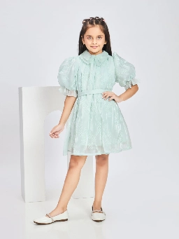 Buy - Girls Sea Green Festive Wear Shirt Collar Fit & Flared Dress With  Belt online - Zilo - 60 Mins Delivery & Free In-Home Trials