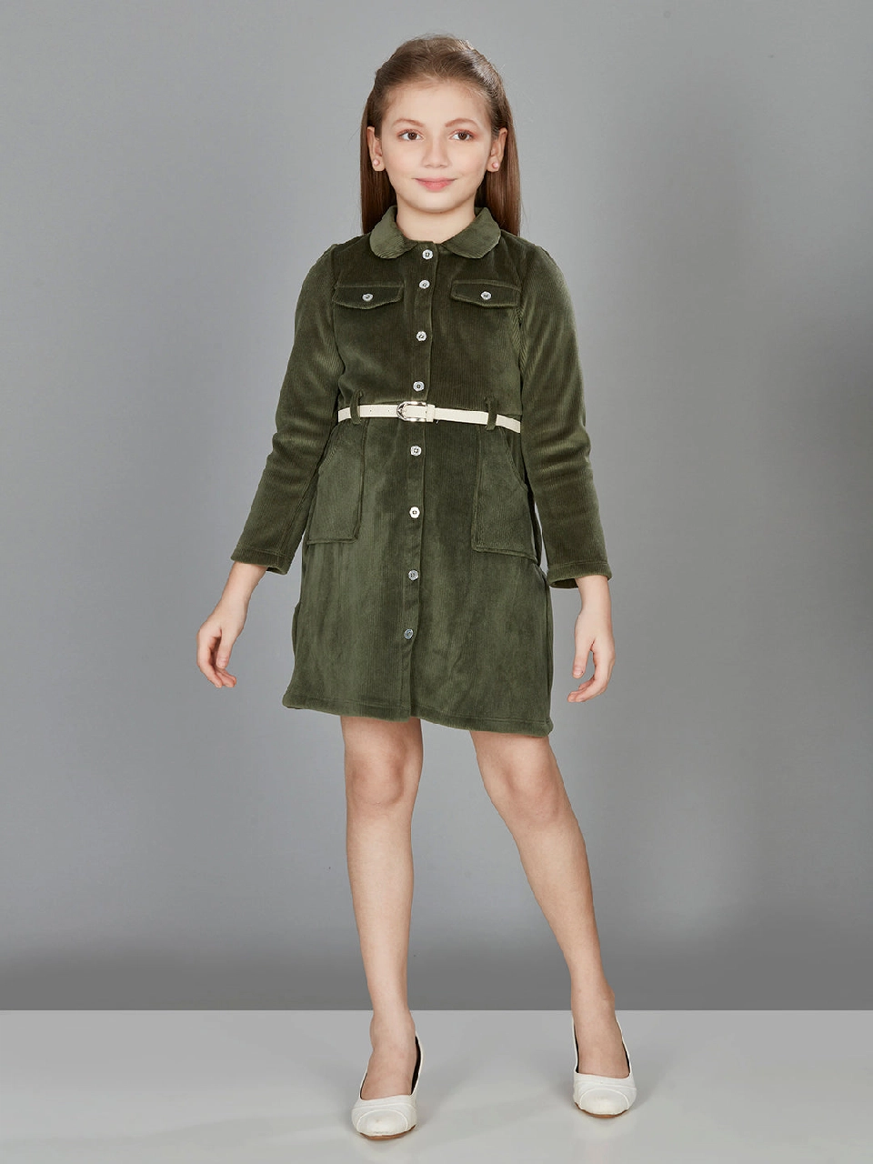 Buy - Girls Olive Green Casual Wear Dress with Belt online - Zilo - 60 Mins  Delivery