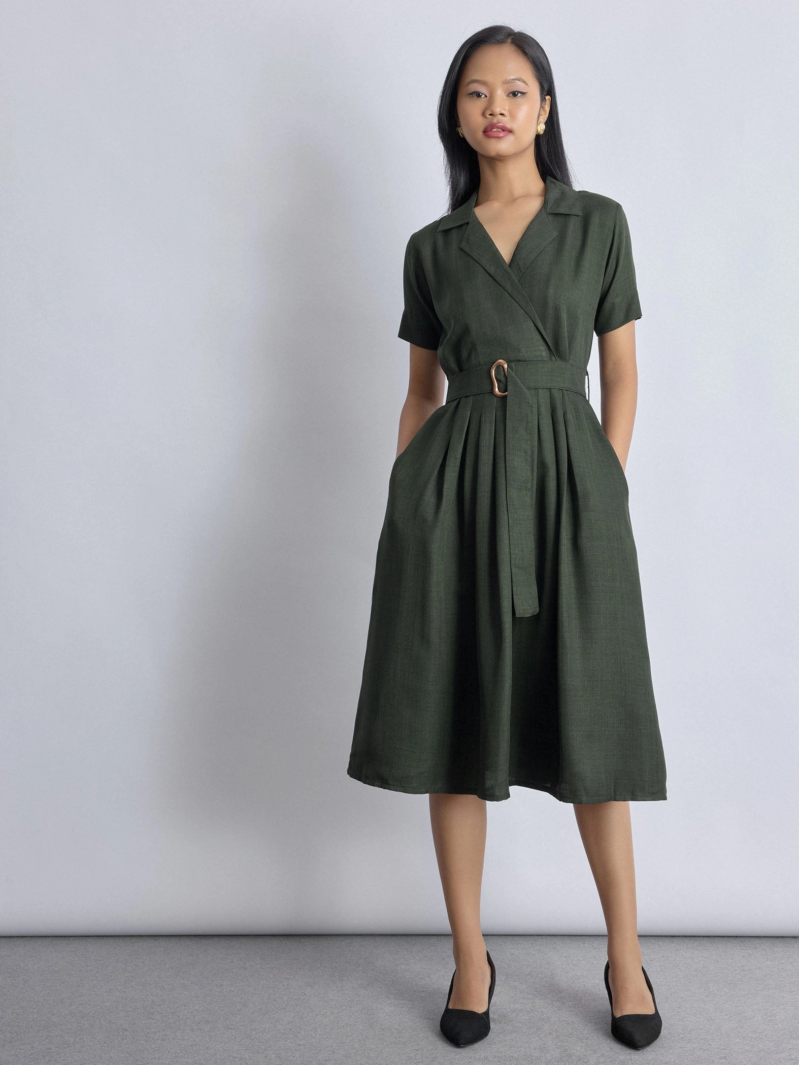 slim fit dress slacks Zapaka Women Dark Green Bodycon Short Work Dress with Ruffles Long Sleeves Boat Neck Semi Formal Dress, Dark Green / US14 main image 1