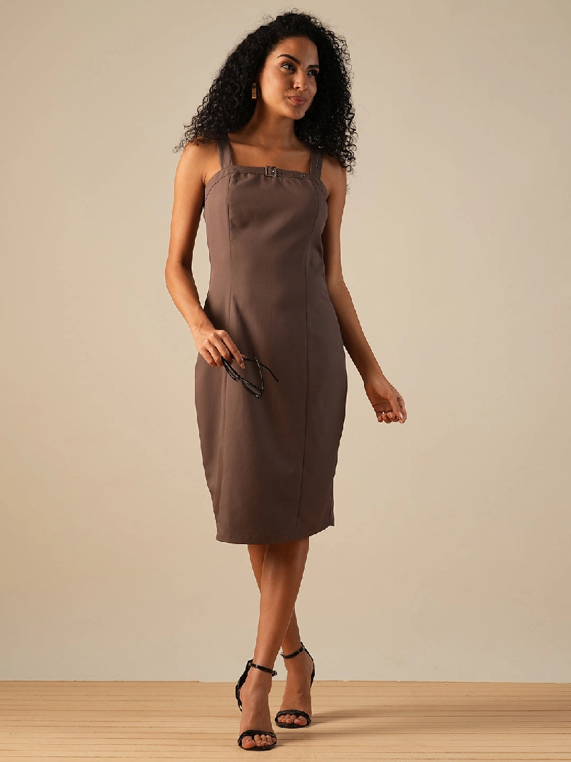 brown wedding guest dress nearby Spaghetti Straps Sheath/Column Brown Sleeveless Wedding Guest Dress with Split main image 0