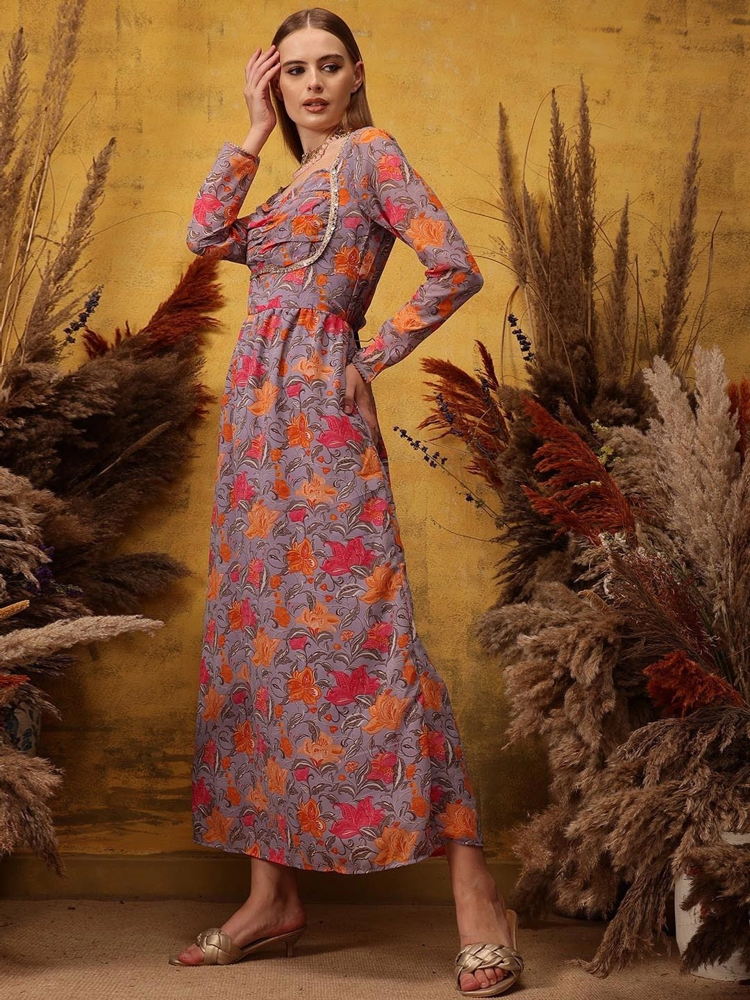 Women's Purple Floral Printed Festive Dress - Zilo