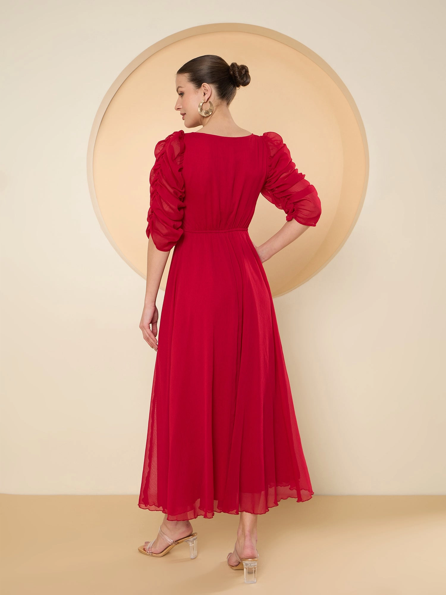 puff chiffon red dress The Marlo Modest Puff Sleeve Dress