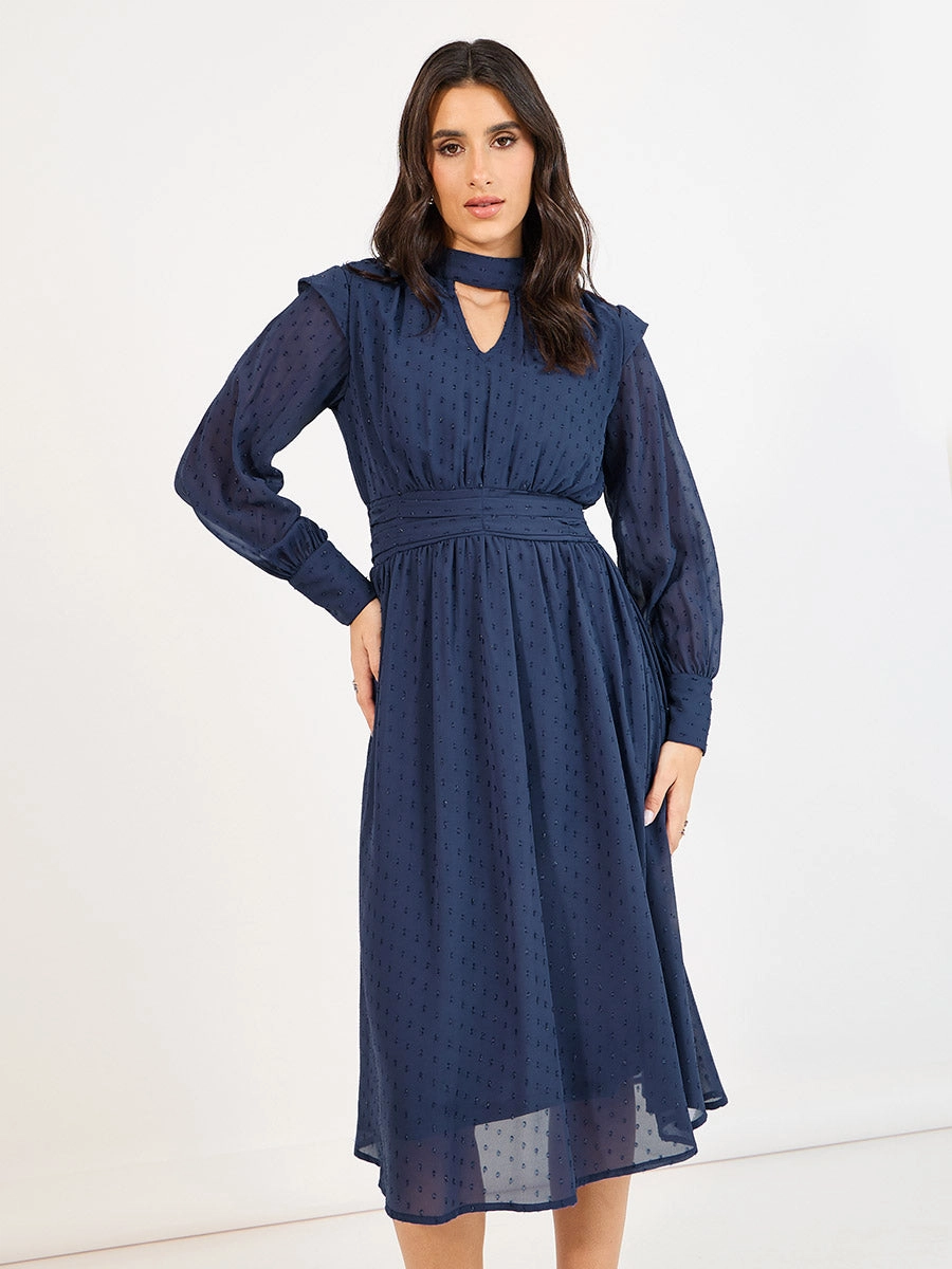 polka dot a line midi dress Polka Dot Print Stand Collar Single Breasted Sashes A-line Midi Dress Blue / M
