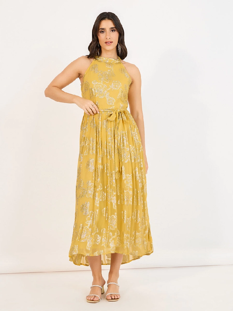 Buy - Women's Yellow Halter Neck Printed Sleeveless A-line Maxi Dress  online - Zilo - 60 Mins Delivery & Free In-Home Trials