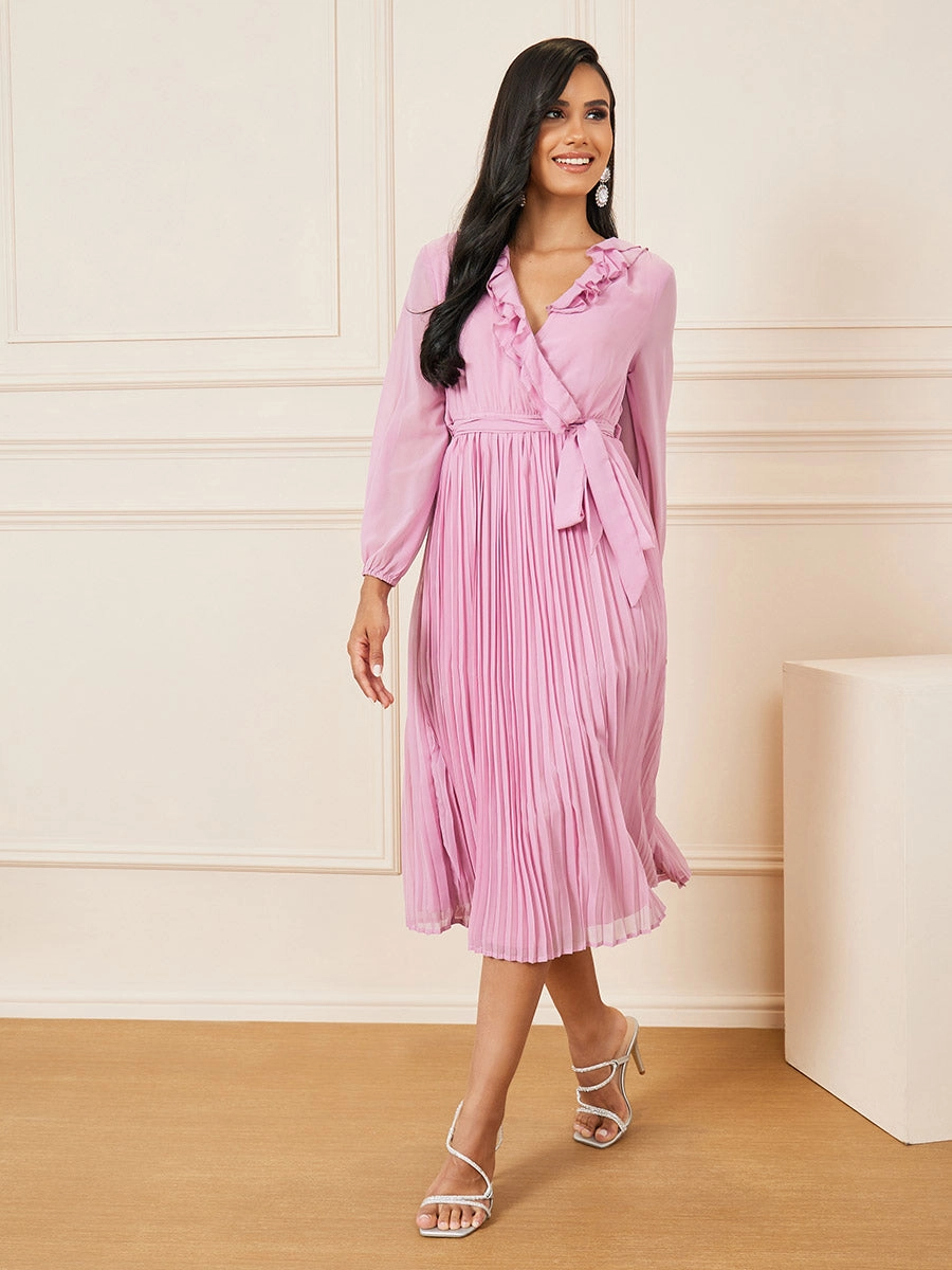 Buy - Women's Pink Accordion Pleat Ruffle Trim Wrap Midi Dress online -  Zilo - 60 Mins Delivery
