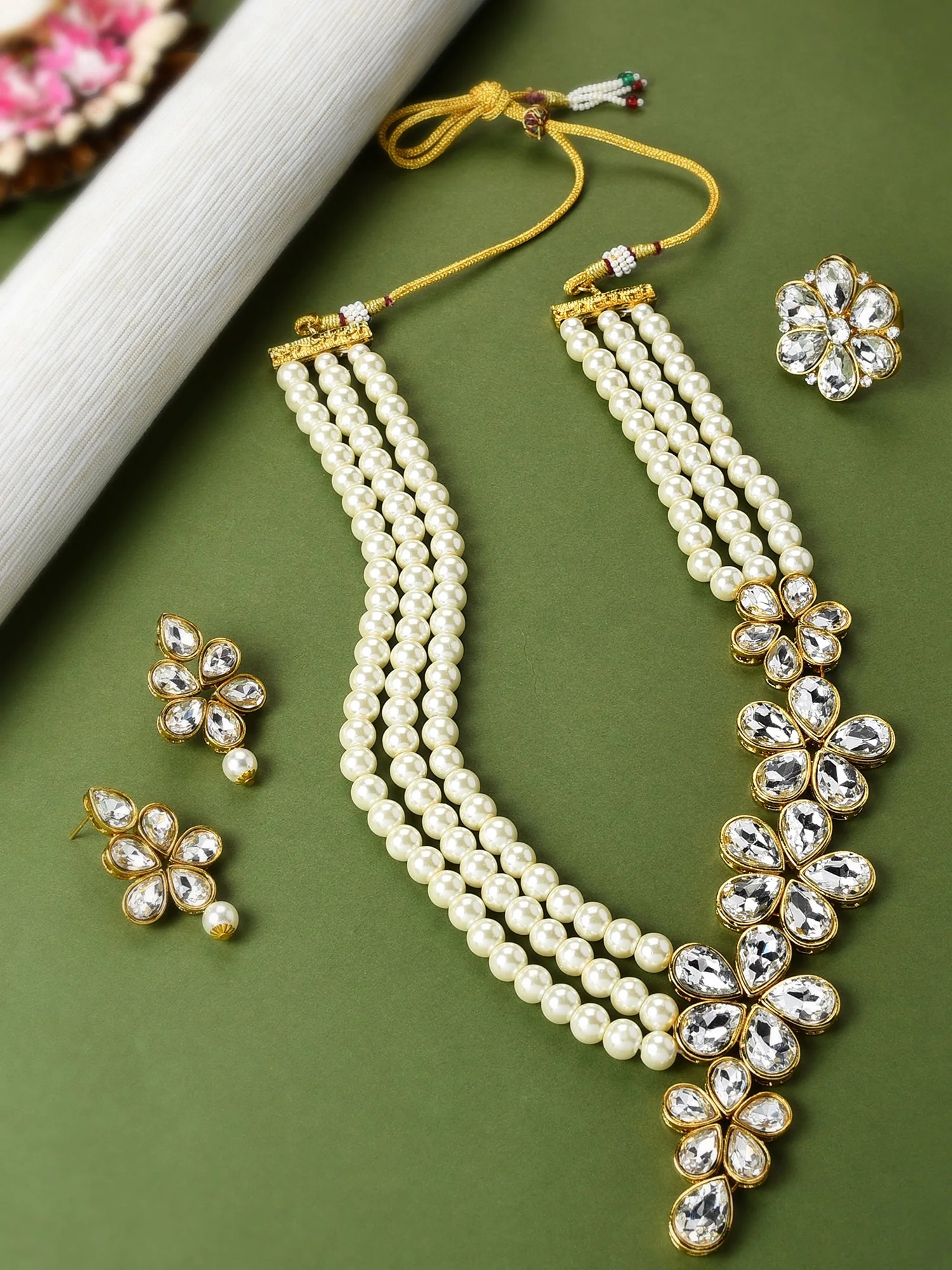 Zaveri Pearls gold tone multistrand pearls necklace and earring set — best pearl jewellery set for women