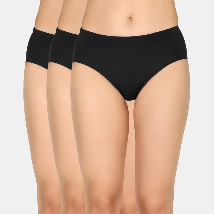 Women's Black Full Coverage Medium Rise Hipster Panty - Set of 3