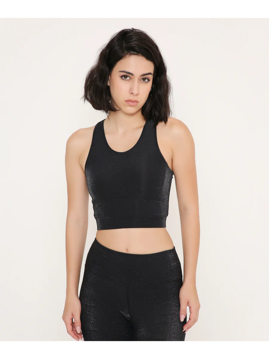 Women's Black Non-Wired Padded Glossy Sports Bra