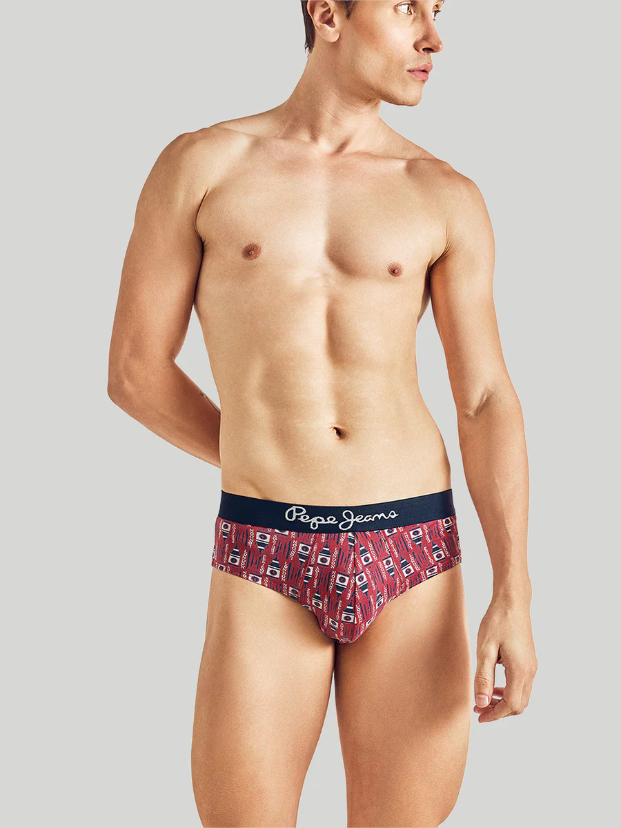 Men's Red All Over Printed Essential Wear Mid Rise Brief by Pepe Jeans Innerfashion