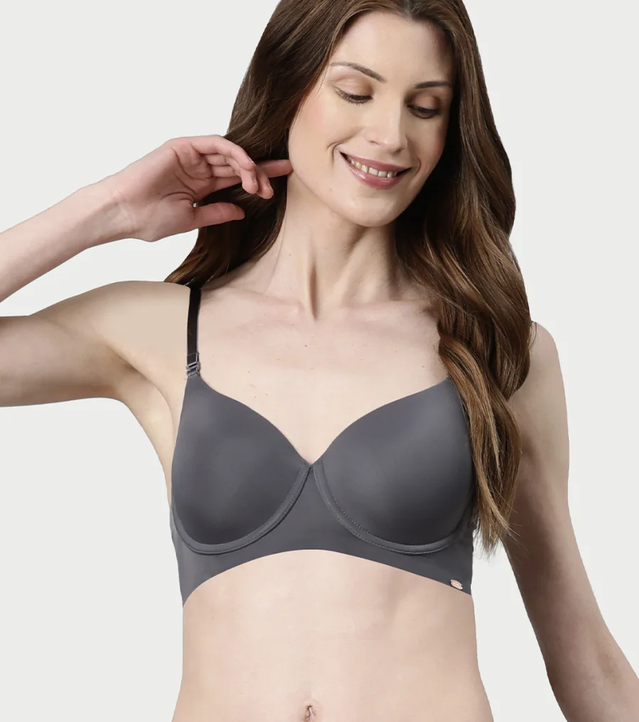 Women's Grey Perfect Lift Crush Proof Cups Padded and Wired High Coverage Tshirt Bra