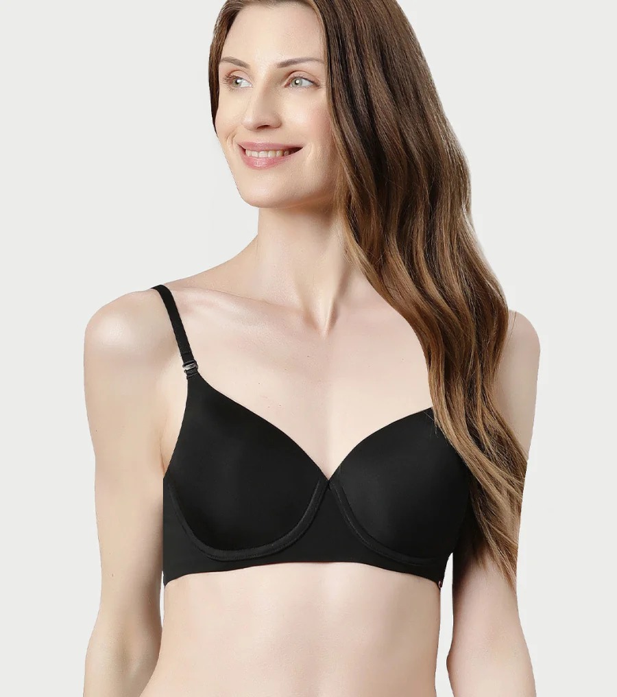 Women's Black Perfect Lift Crush Proof Cups Padded and Wired High Coverage Tshirt Bra