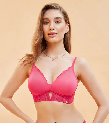 Women's Red Padded Wire-Free High-Coverage Lace Bralette Bra