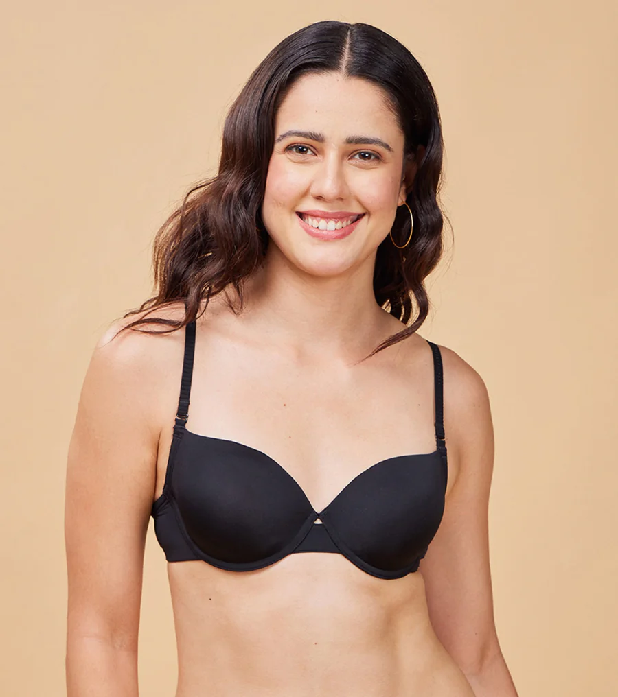 Women's Black Padded Wired Medium-Coverage Plunge-Balconette Bra