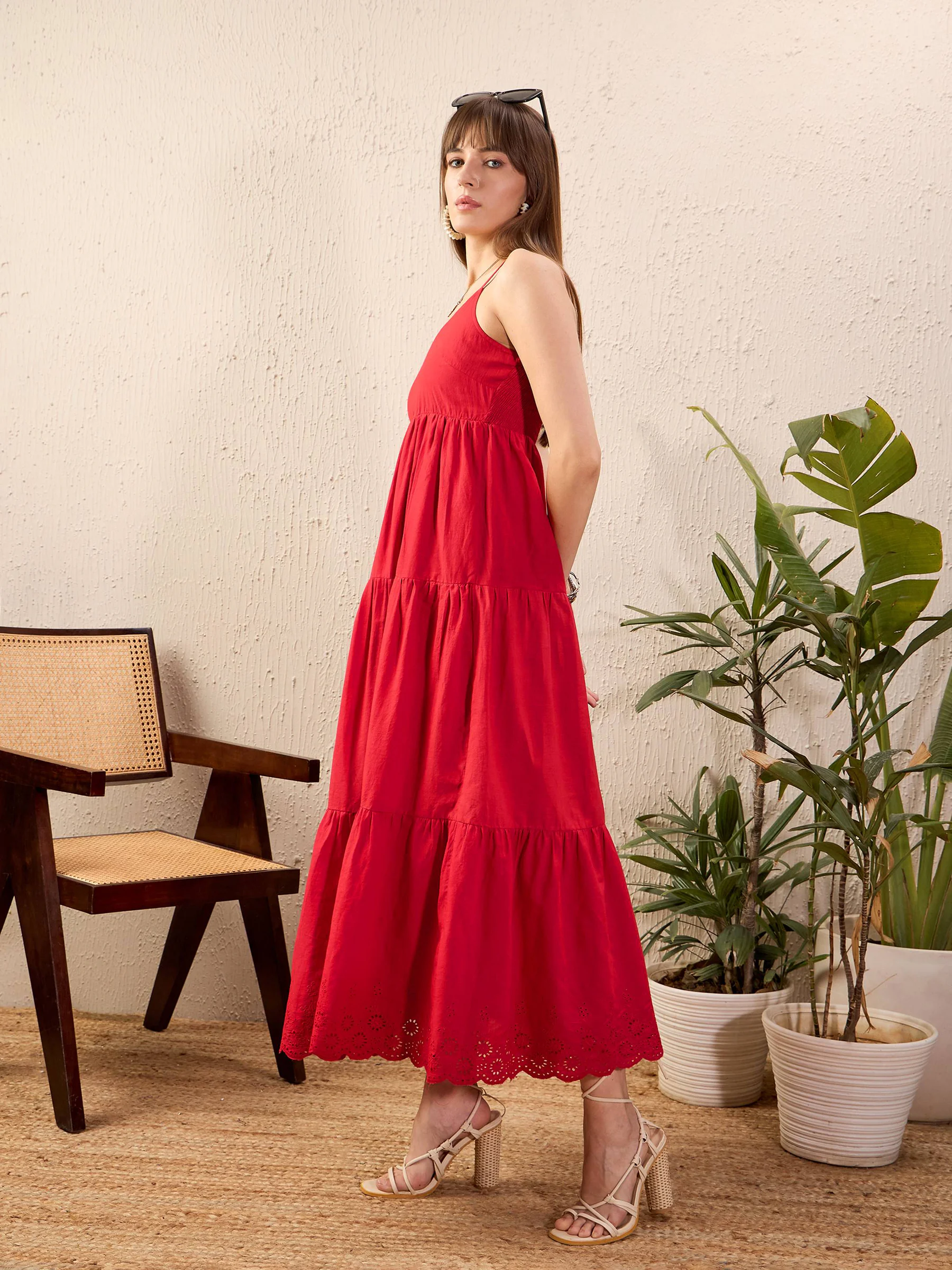 long red dress casual Full Sleeved Office Organza Cotton Dress Red and Black Fitted Waist an and ideal for summer days Buy - Women's Red Casual