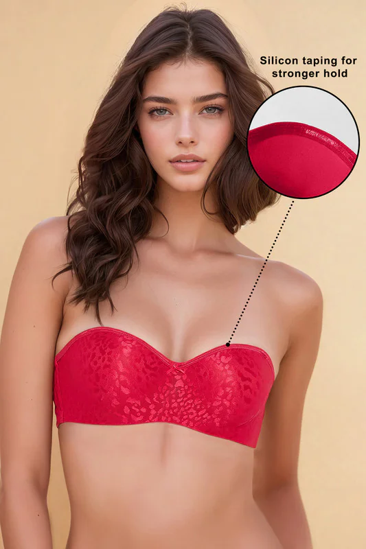 Women's Red Padded Underwired Full Coverage Strapless Balconette Bra
