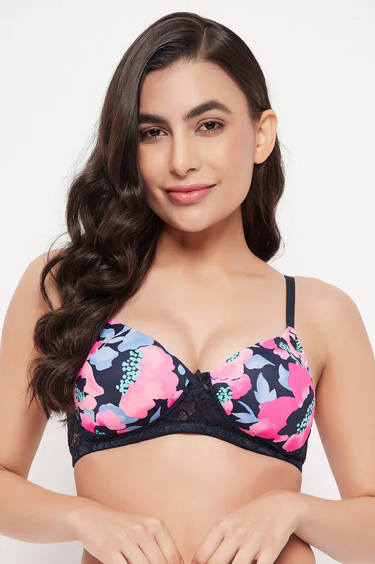 Women's Navy Padded Non-Wired Full Cup Floral Print Tshirt Bra