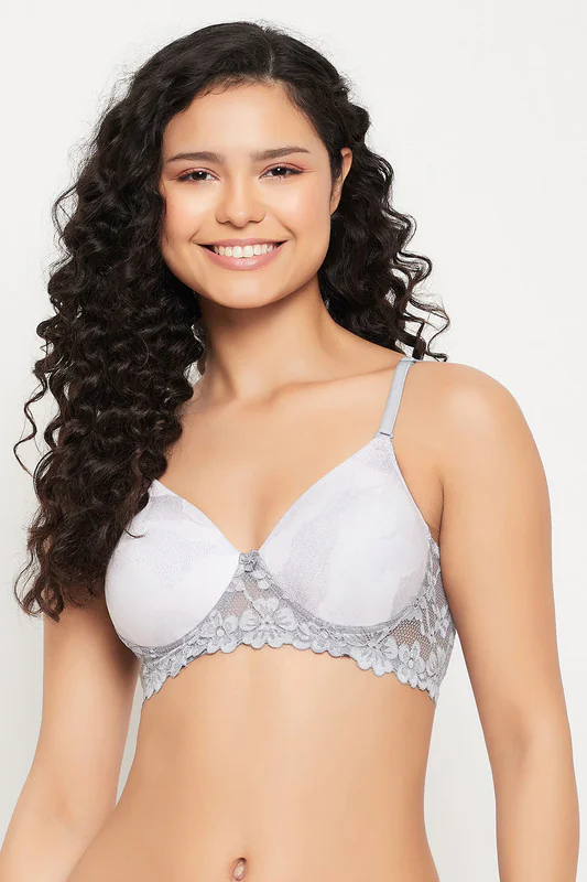 Women's Grey Padded Non-Wired Full Cup Printed Tshirt Bra