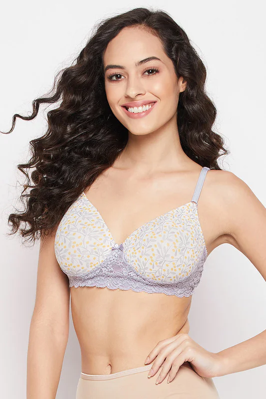 Women's Grey Padded Non-Wired Full Cup Floral Print Tshirt Bra