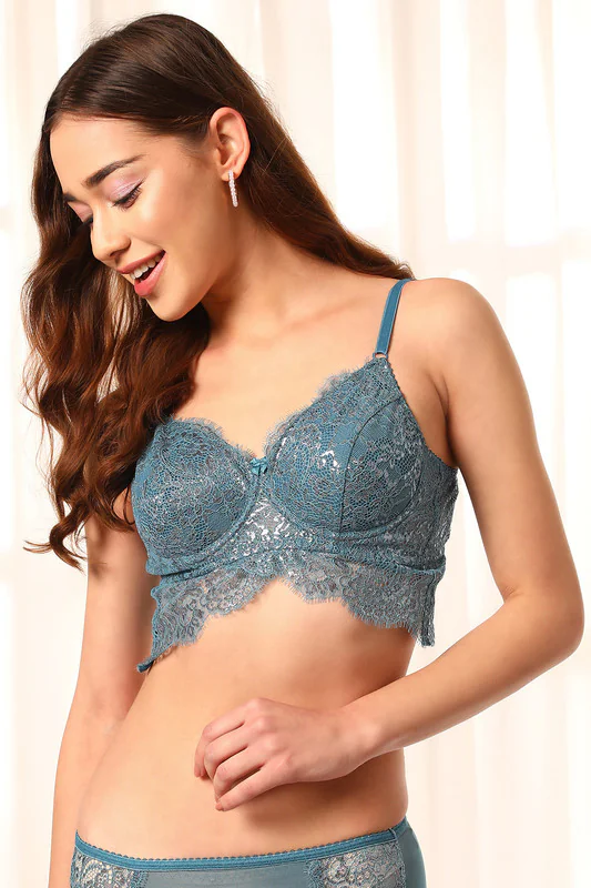 Women's Blue Non-Padded Underwired Full Cup Self-Patterned Longline Bralette
