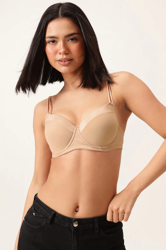 Women's Beige Level 1 Push Up Padded Underwired Demi Cup Bra