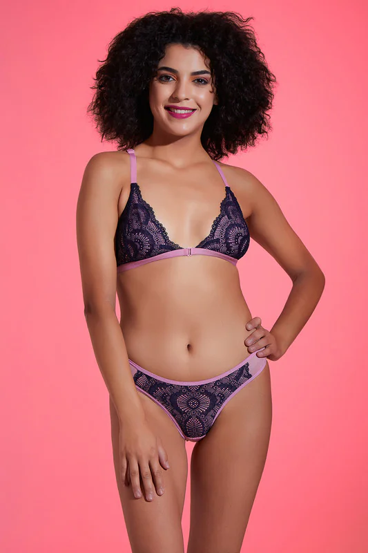Women's Purple Non-Padded Non-Wired Demi Cup Front Open Bralette and Low Waist Bikini Panty