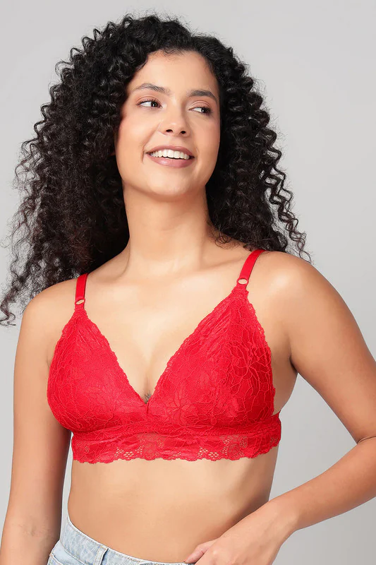 Women's Red Non-Padded Non-Wired Demi Cup Longline Bralette