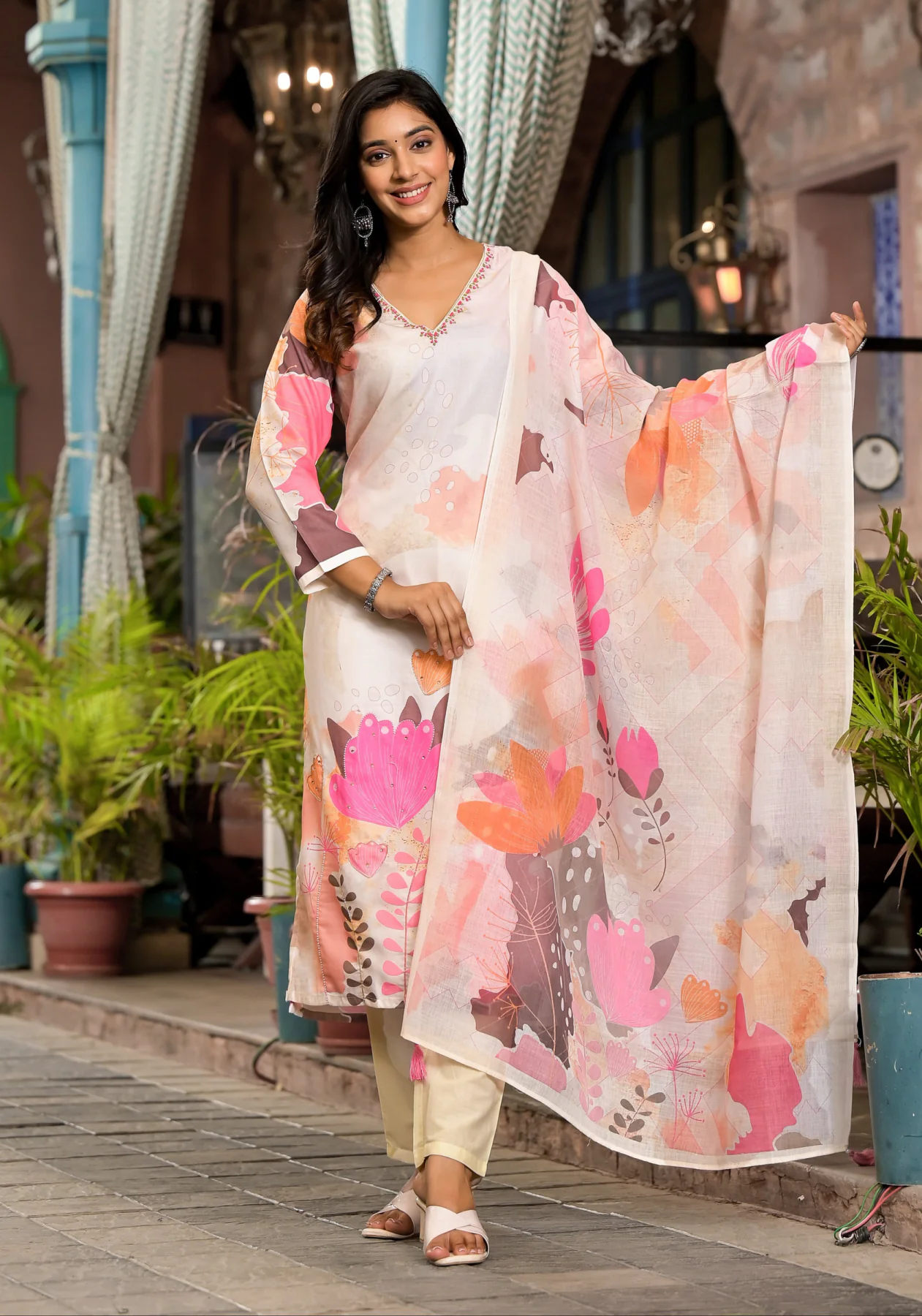 Women's White Festive Three Quarter Sleeves Cotton Salwar Suit with Dupatta