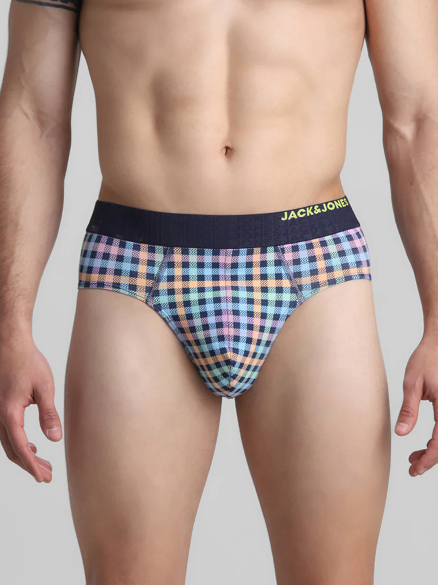 Men's Blue Casual Regular Fit Checked Brief
