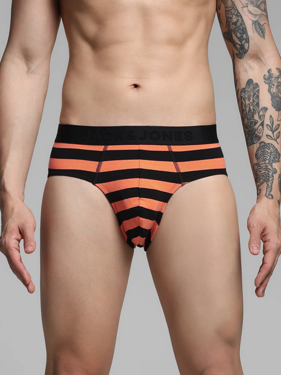 Men's Orange Casual Regular Fit Striped Brief