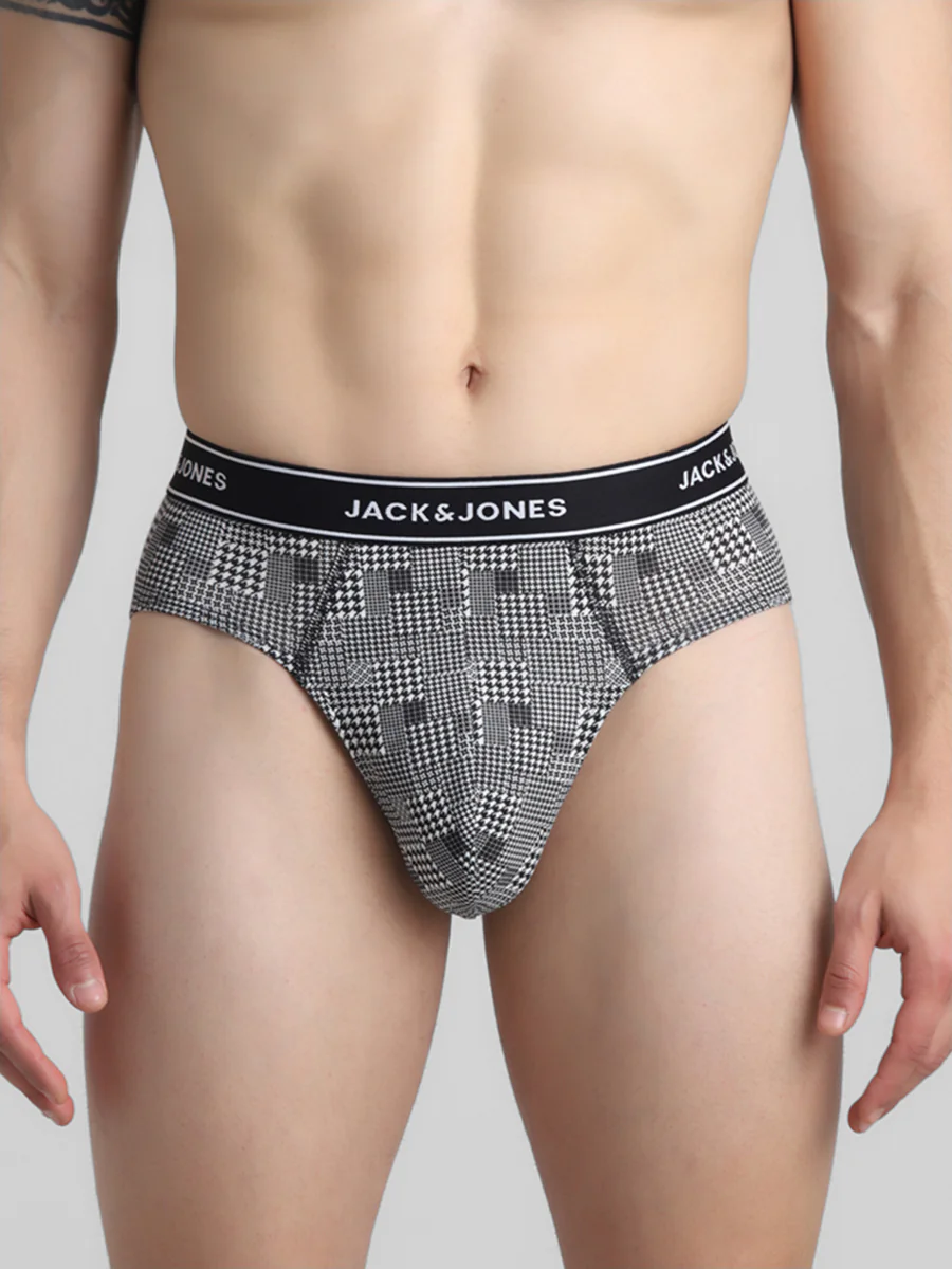 Men's White Casual Regular Fit Checked Brief