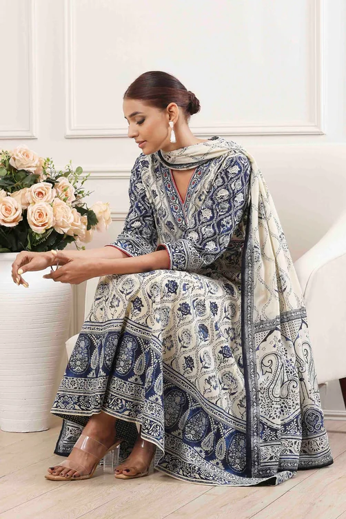 Women's Blue Casual Anarkali Kurta With Palazzos Cotton Salwar Suit