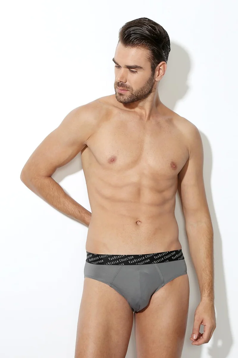 Men's Grey Quite Shade Solid 4 Way Stretch 3D Logo Waistband Tactel Briefs