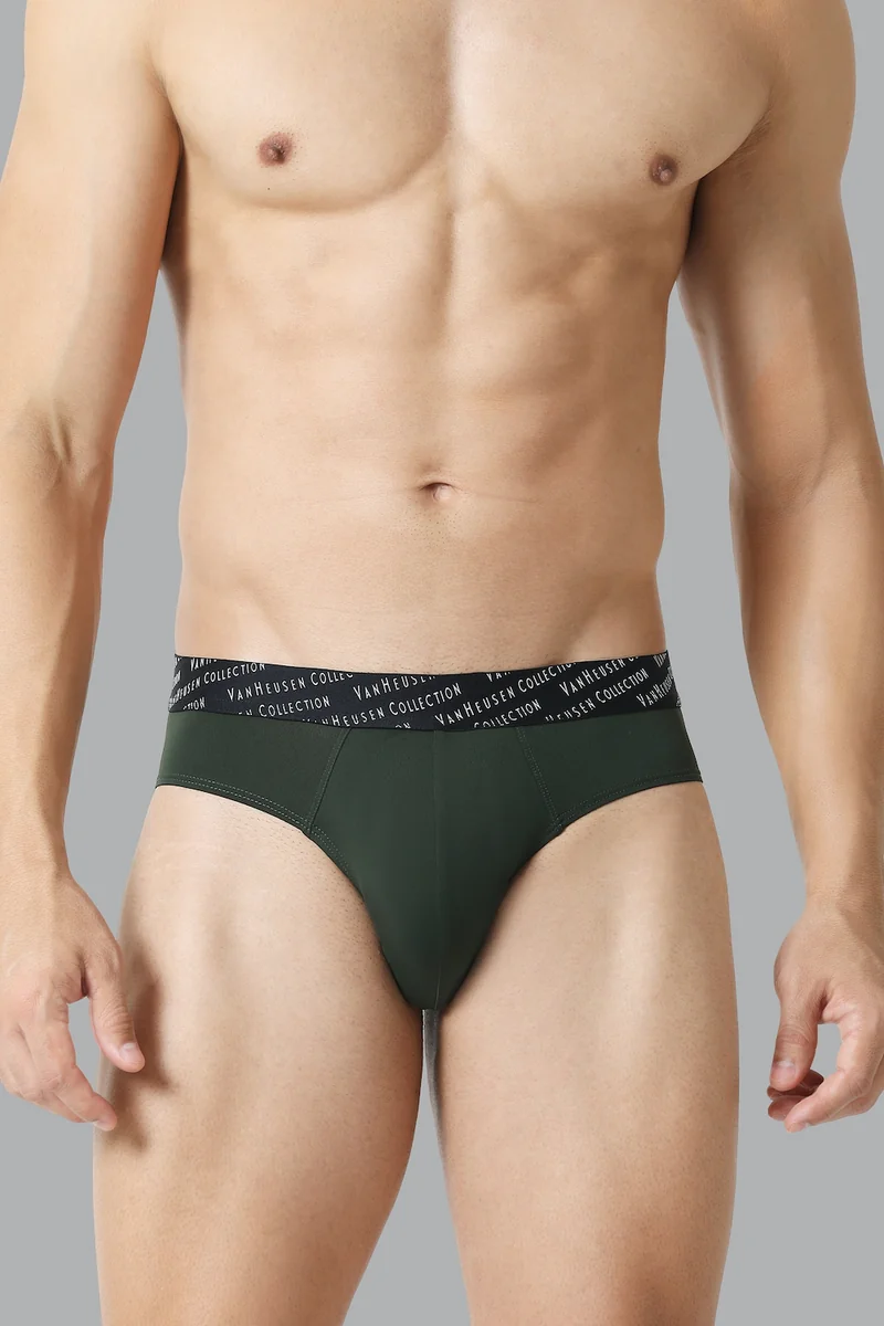 Men's Green Solid 4 Way Stretch 3D Logo Waistband Tactel Briefs