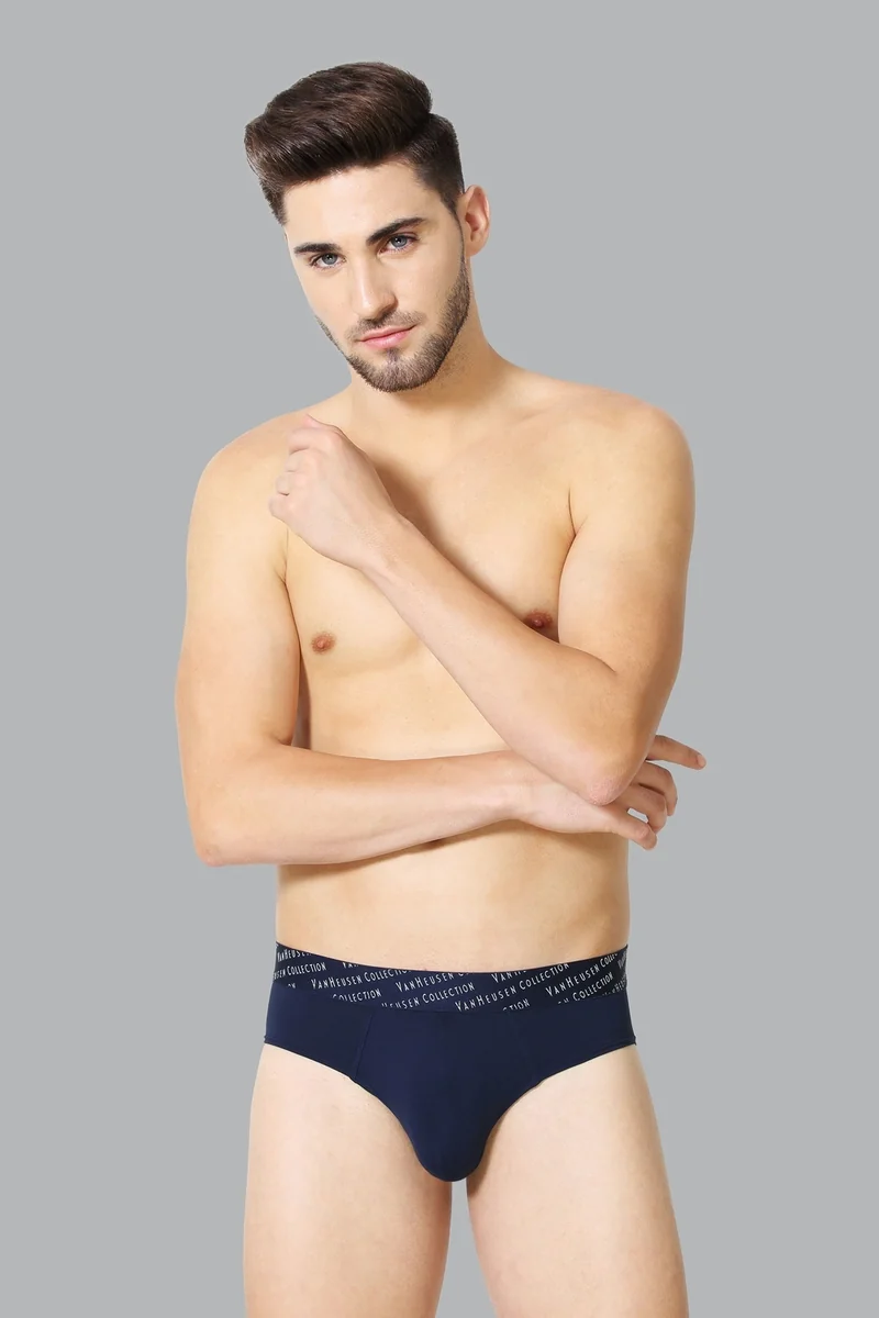 Men's Navy Solid 4 Way Stretch 3D Logo Waistband Tactel Briefs