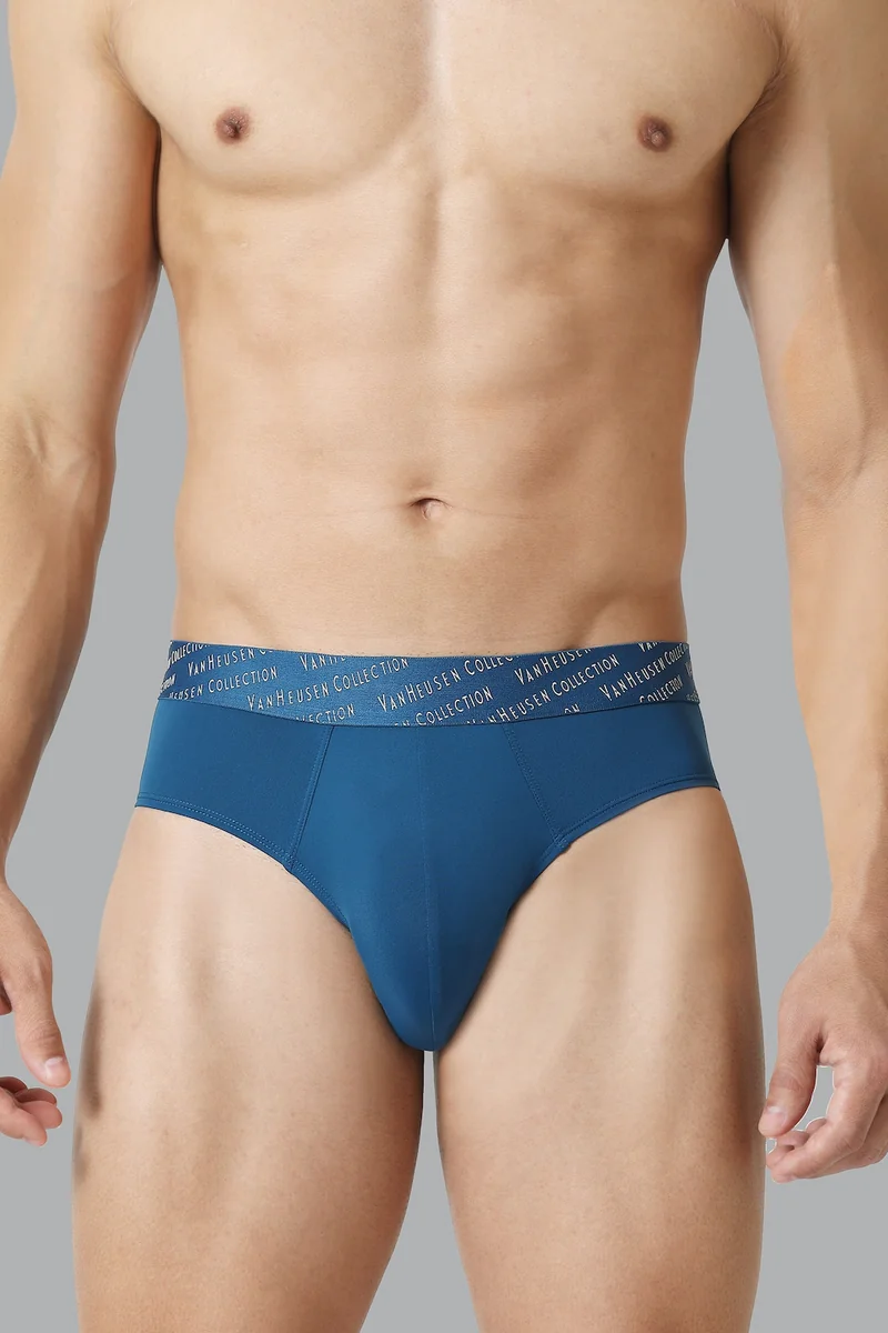 Men's Blue Deep Water Solid 4 Way Stretch 3D Logo Waistband Tactel Briefs