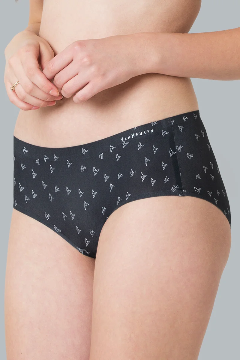 Women's Black Origamy AOP Allover Print No Visible Panty Line Easy Stain Release Gusset Invisilite Hipster Panty
