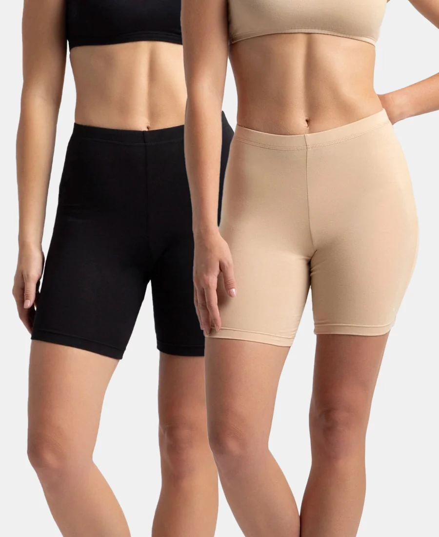 Women's Black and Skin High Coverage Super Combed Cotton Elastane Stretch Waistband Shorties - Pack of 2