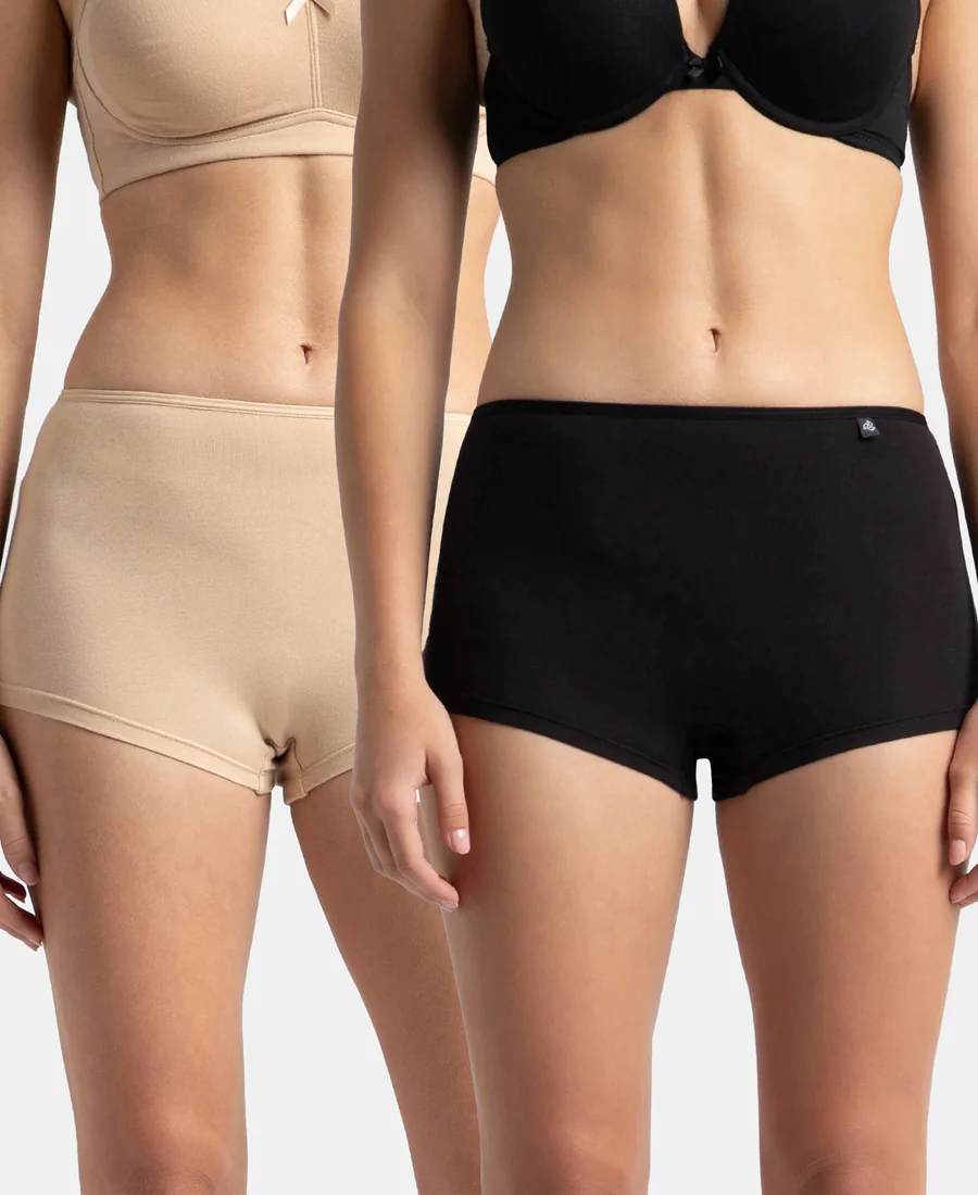 Women's Black and Light Skin High Coverage Super Combed Cotton Elastane Stretch Waistband Boy Leg - Pack of 2