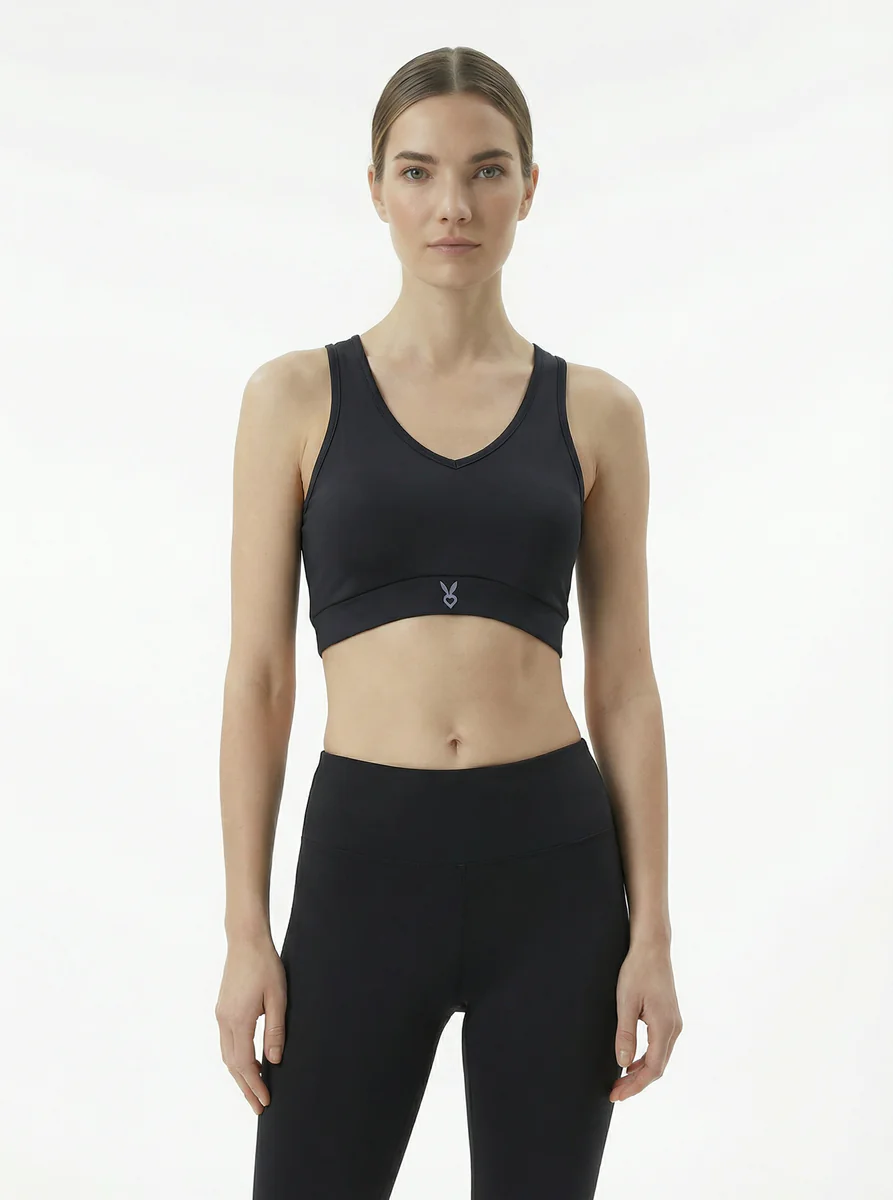 Women's Black Seamless Stretchable Non-Wired Padded Medium Coverage Sports Bra