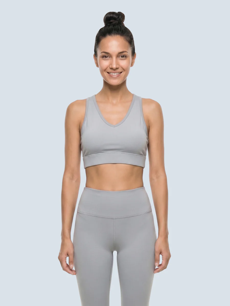 Women's Grey Seamless Stretchable V-Neck Medium-Support Keyhole Back Padded Sports Bra
