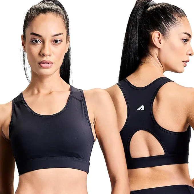 Women's Black Sports Solid Padded Medium Support Gym Bra with Cross Back