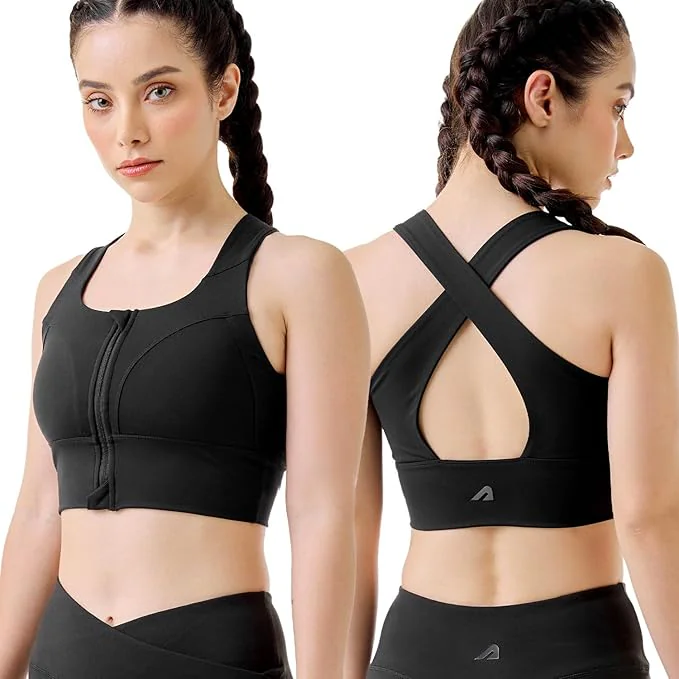 Women's Black Sports Solid Premium Padded Gym Bra with Front Zip & Criss Cross Back