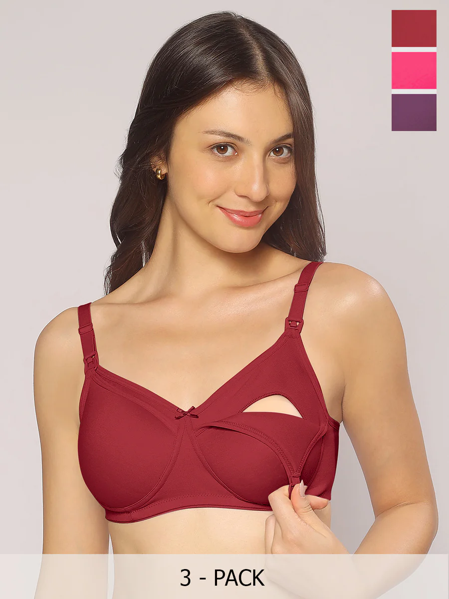 Women's Multicolor Cotton Non Padded Non Wired Maternity Bra - Pack of 3