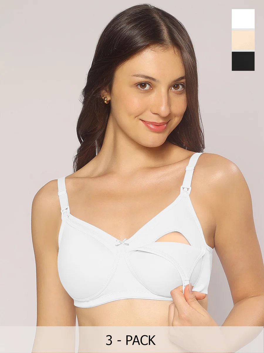 Women's Multicolor Cotton Non Padded Non Wired Maternity Bra - Pack of 3