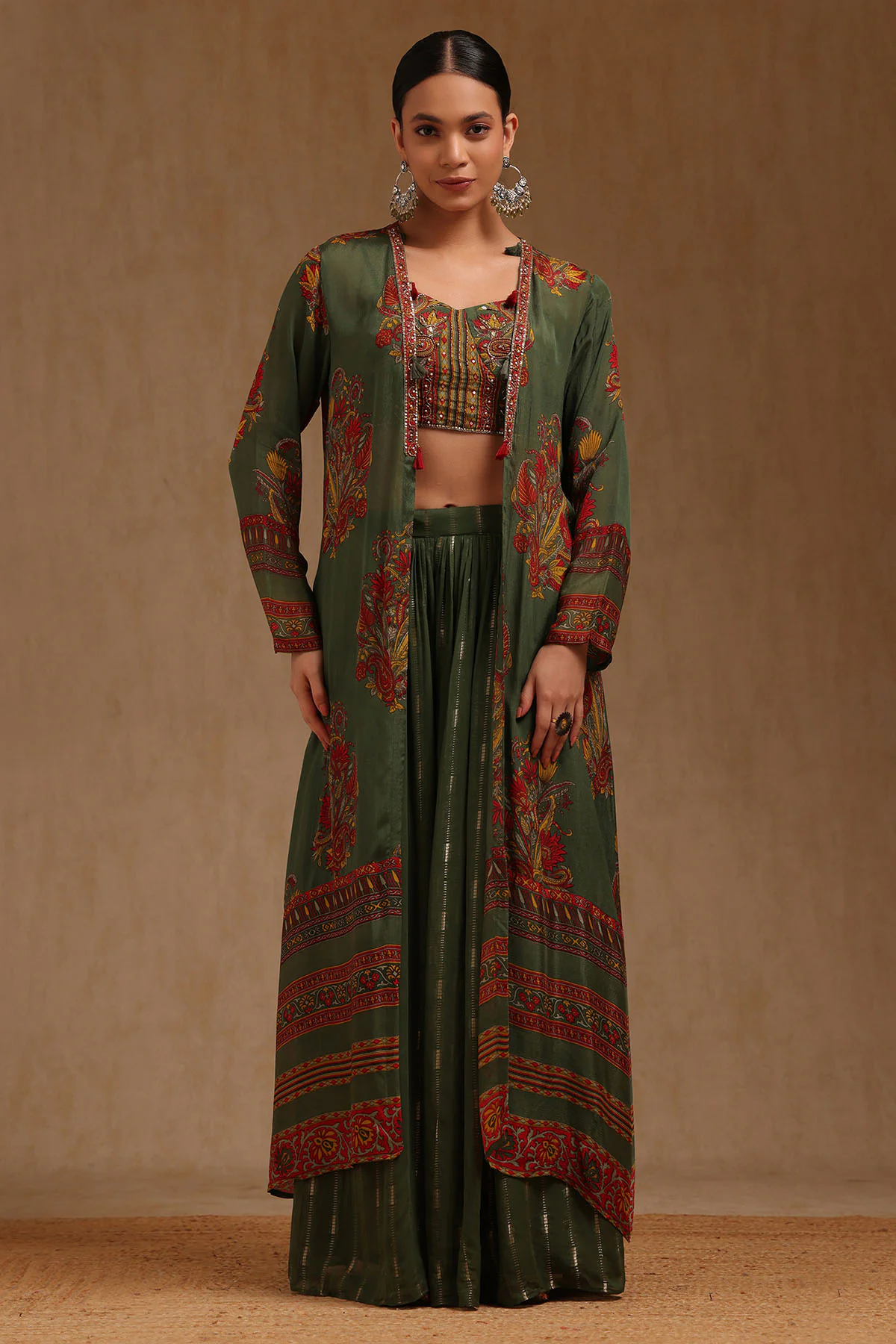 Women's Green Fusion Printed Sweetheart Neck Co-Ords Set