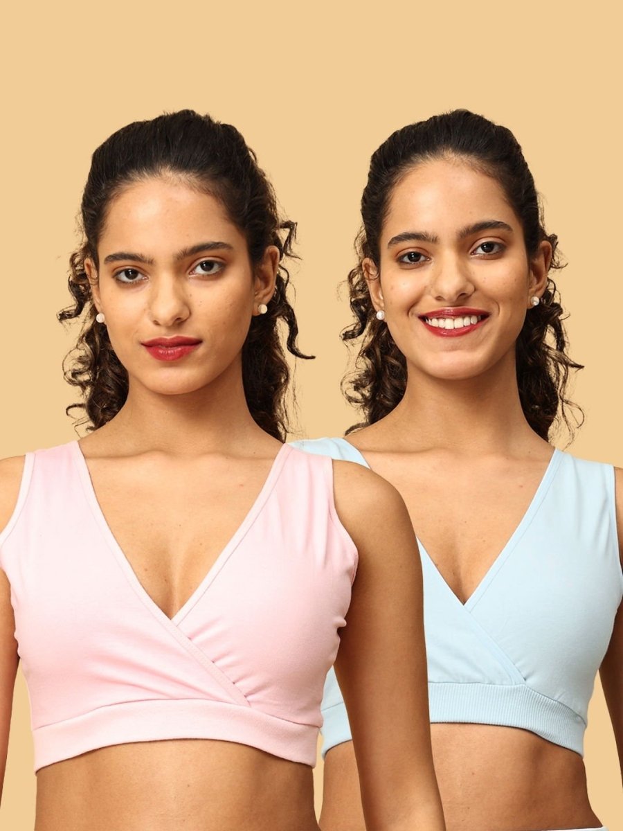 Women's Pinl and Blue Non-Wired Full Coverage Non-Padded Maternity Nursing Sleep Bra - Pack of 2