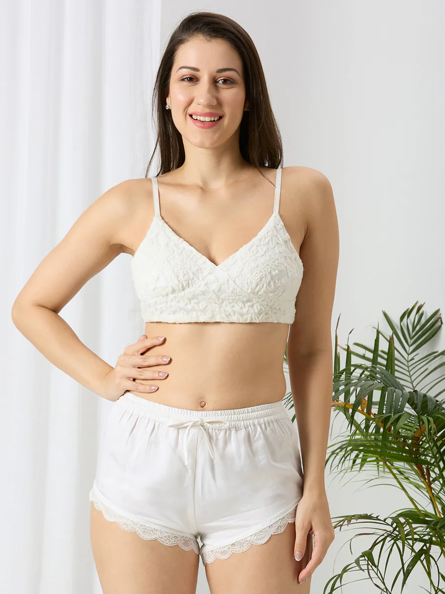 Women's Off White Lace Bralette and Shorts Set