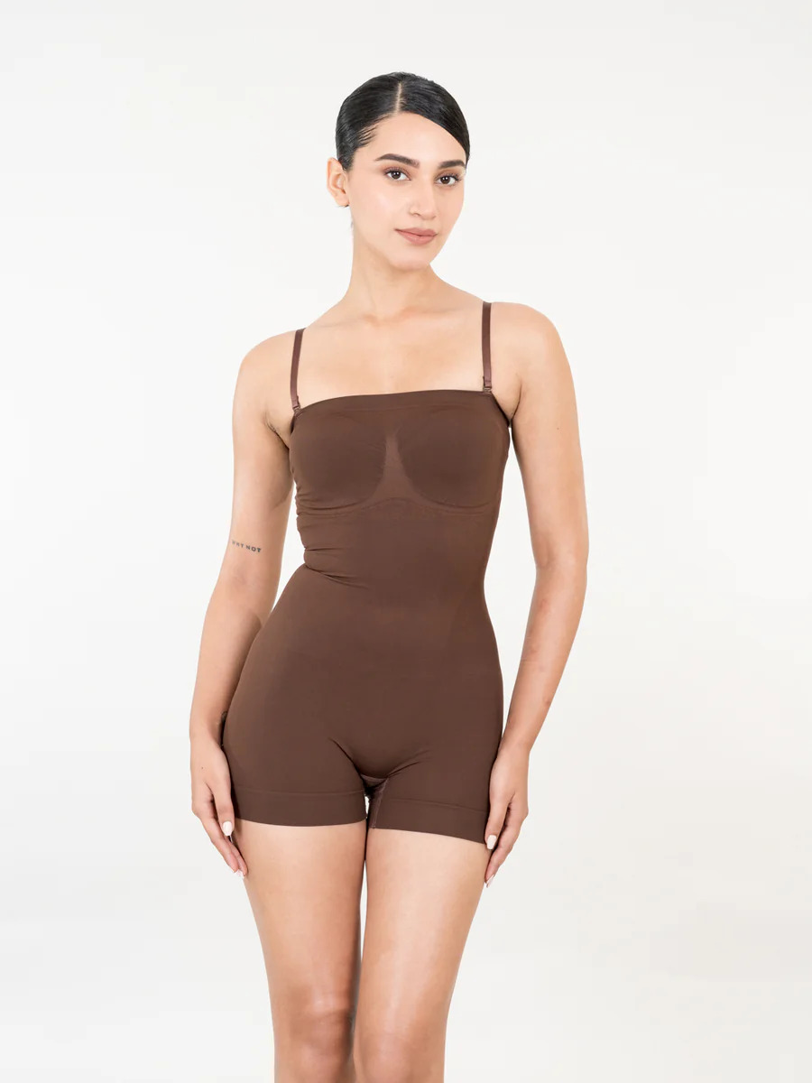 Women's Brown Polyamide Strapless Mid Thigh Bodysuit - Body Shaper