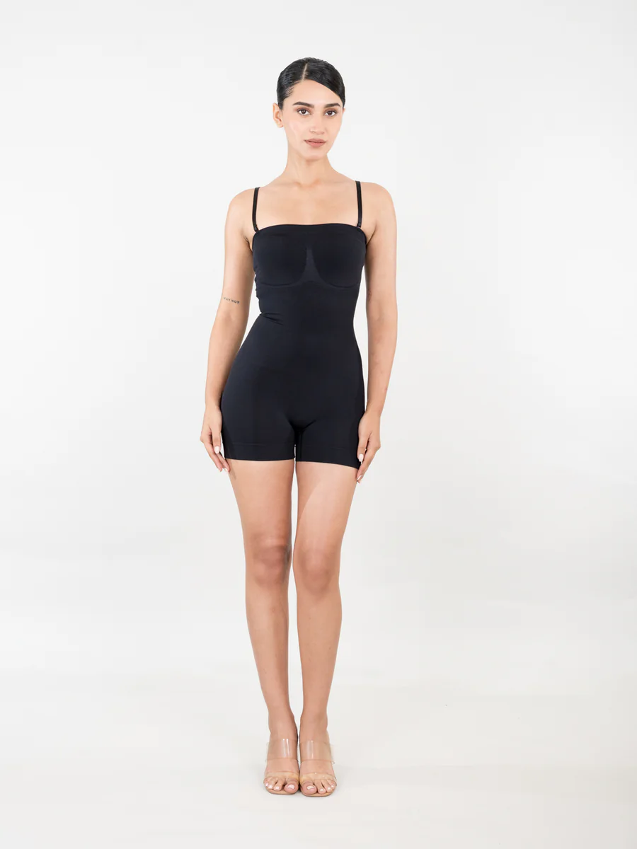 Women's Black Polyamide Strapless Mid Thigh Bodysuit - Body Shaper